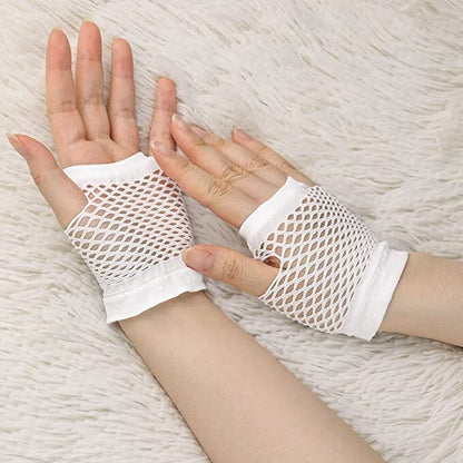 24 Pair Fishnet Gloves Fingerless Wrist Length 70s 80s Costume Party - White - Image 2