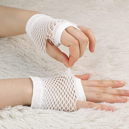24 Pair Fishnet Gloves Fingerless Wrist Length 70s 80s Costume Party - White - Image 3
