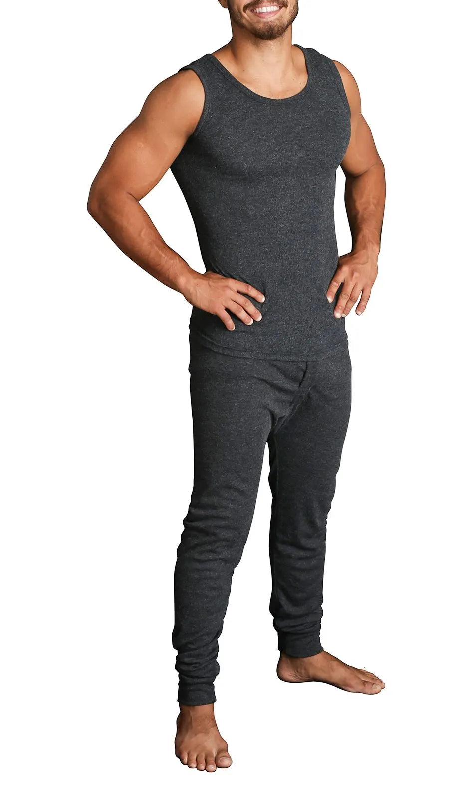 2pcs Set Mens Merino Wool Blend Thermal Singlet Top & Pants Underwear Thermals - Black - Image 2