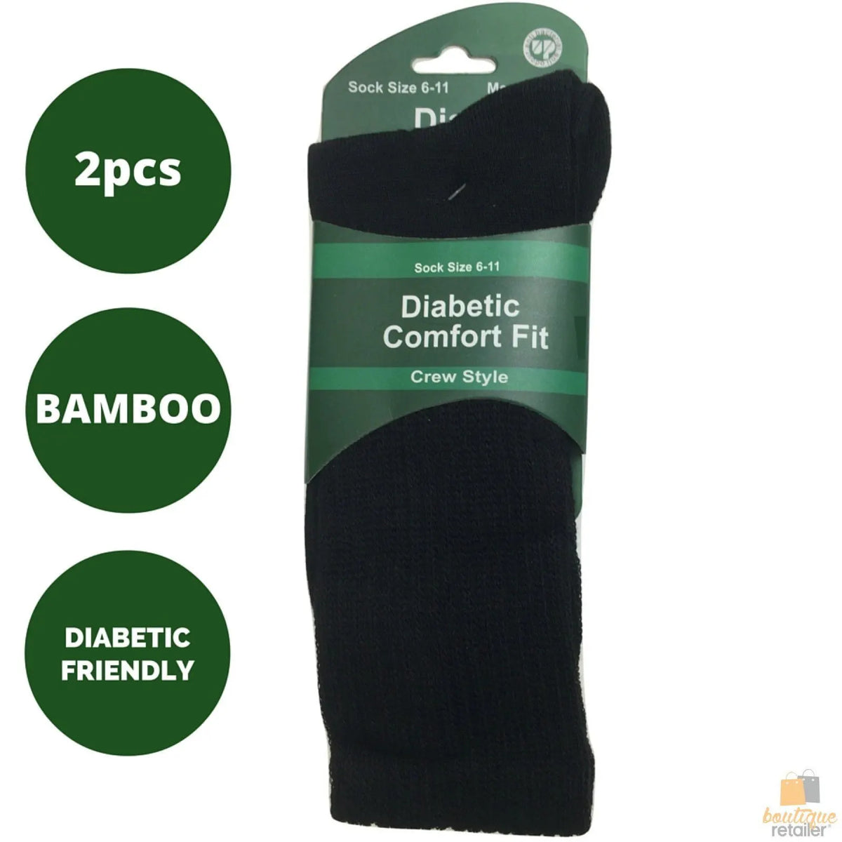 2 Pairs DIABETIC BAMBOO Socks Work Socks Medical Loose Top Crew Cushion BLACK - Image 4