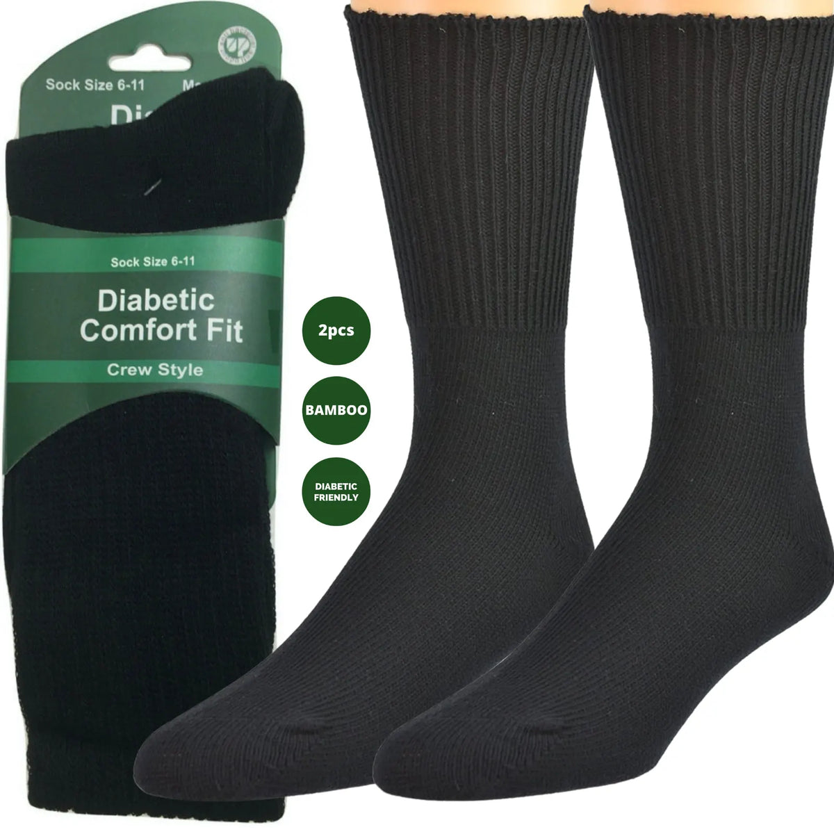 2 Pairs DIABETIC BAMBOO Socks Work Socks Medical Loose Top Crew Cushion BLACK - Image 6