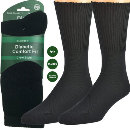 2 Pairs DIABETIC BAMBOO Socks Work Socks Medical Loose Top Crew Cushion BLACK - Image 6