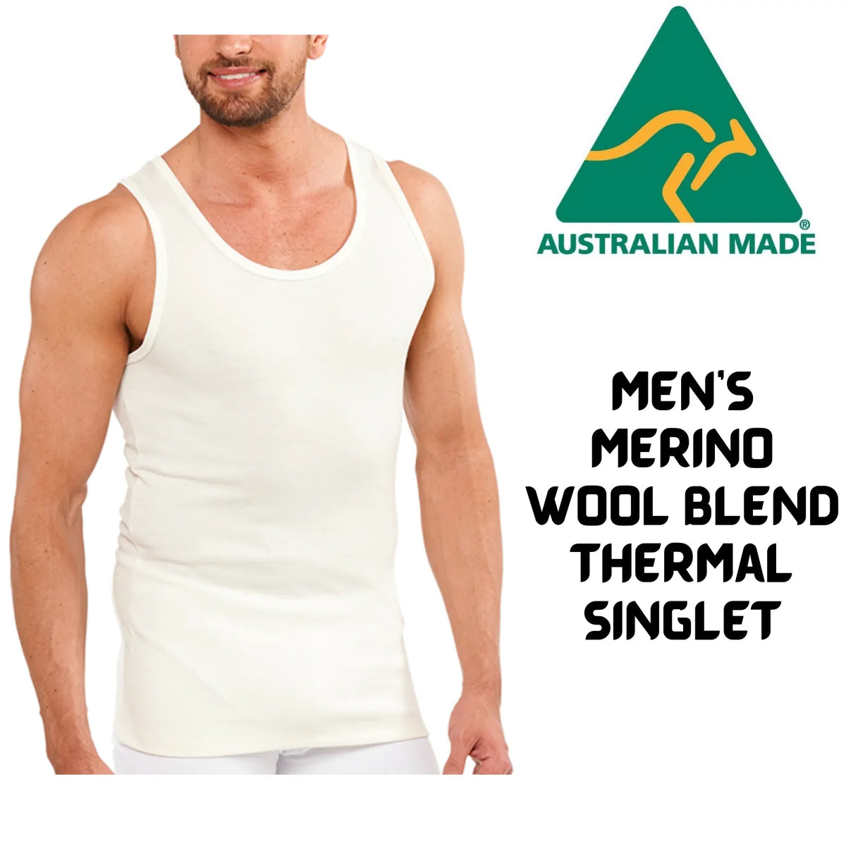 Mens Thermal Singlet Sleeveless Top Merino Wool Blend AUS MADE Thermals - Image 2