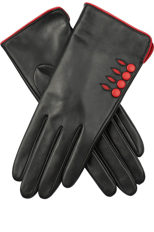 Dents Womens Leather Gloves w/ Button Detail Piped Cuff & Silk Feel Lining - Black/Berry - Image 2