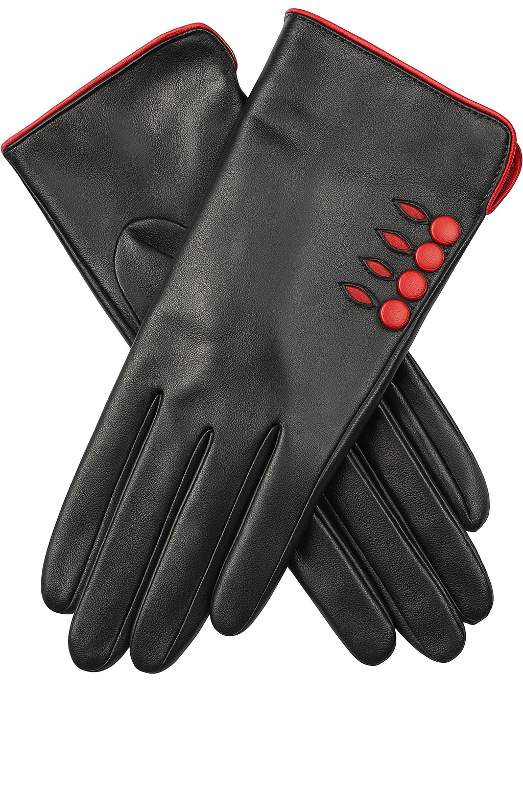 Dents Womens Leather Gloves w/ Button Detail Piped Cuff & Silk Feel Lining - Black/Berry - Medium - Image 2