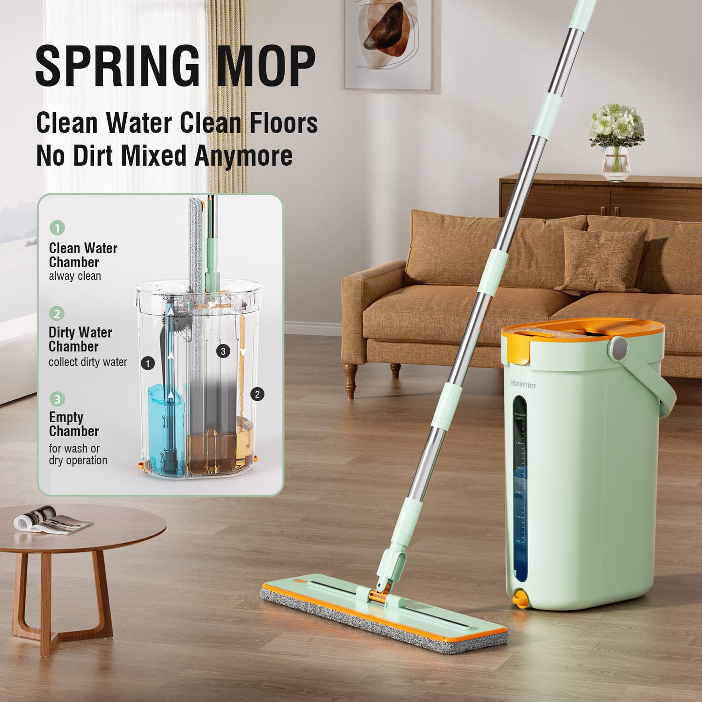 Premium Microfiber Flat Mop Bucket Set w/ Clean & Dirty Water Separation 360 Degree - Light Green - Image 2
