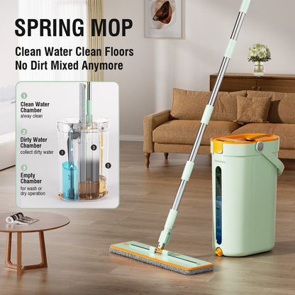 Premium Microfiber Flat Mop Bucket Set w/ Clean & Dirty Water Separation 360 Degree - Light Green - Image 2