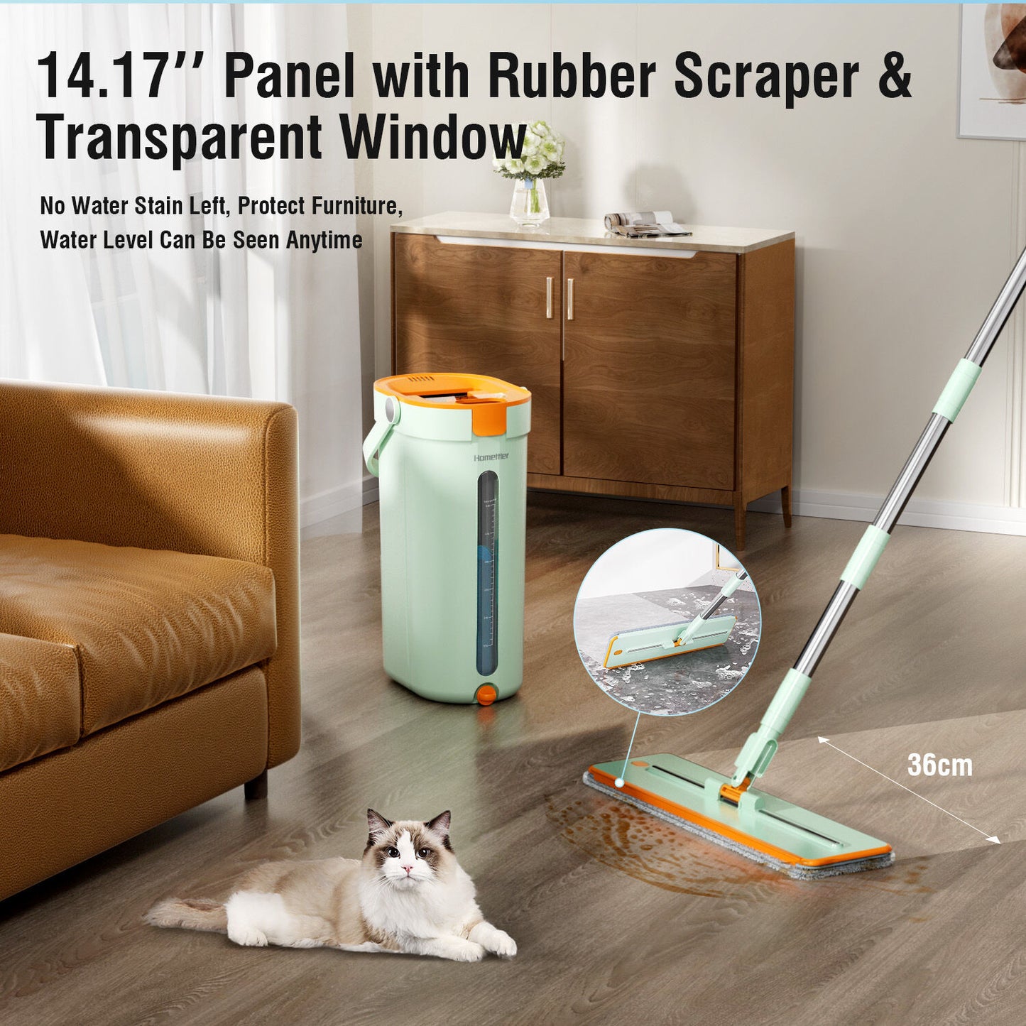 Premium Microfiber Flat Mop Bucket Set w/ Clean & Dirty Water Separation 360 Degree - Light Green - Image 4