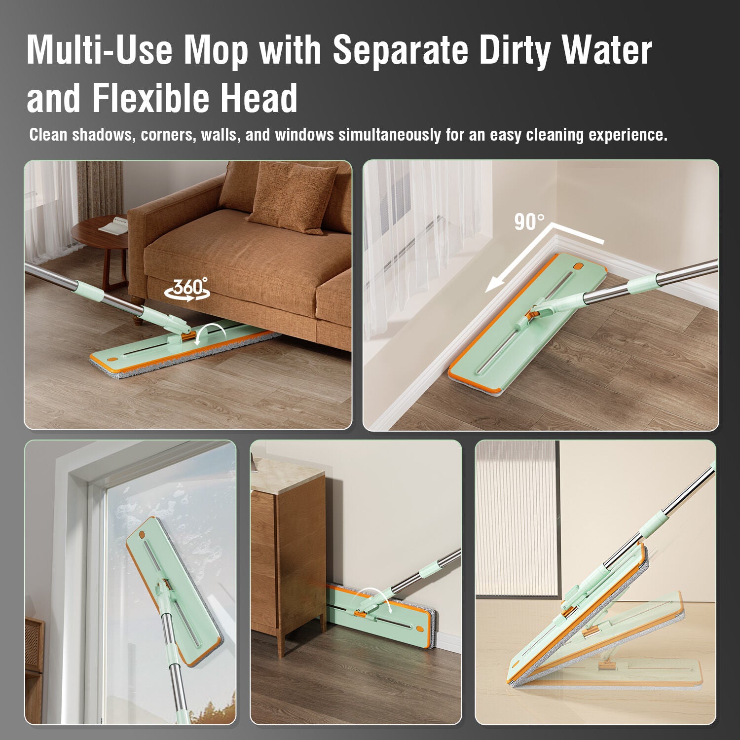 Premium Microfiber Flat Mop Bucket Set w/ Clean & Dirty Water Separation 360 Degree - Light Green - Image 5