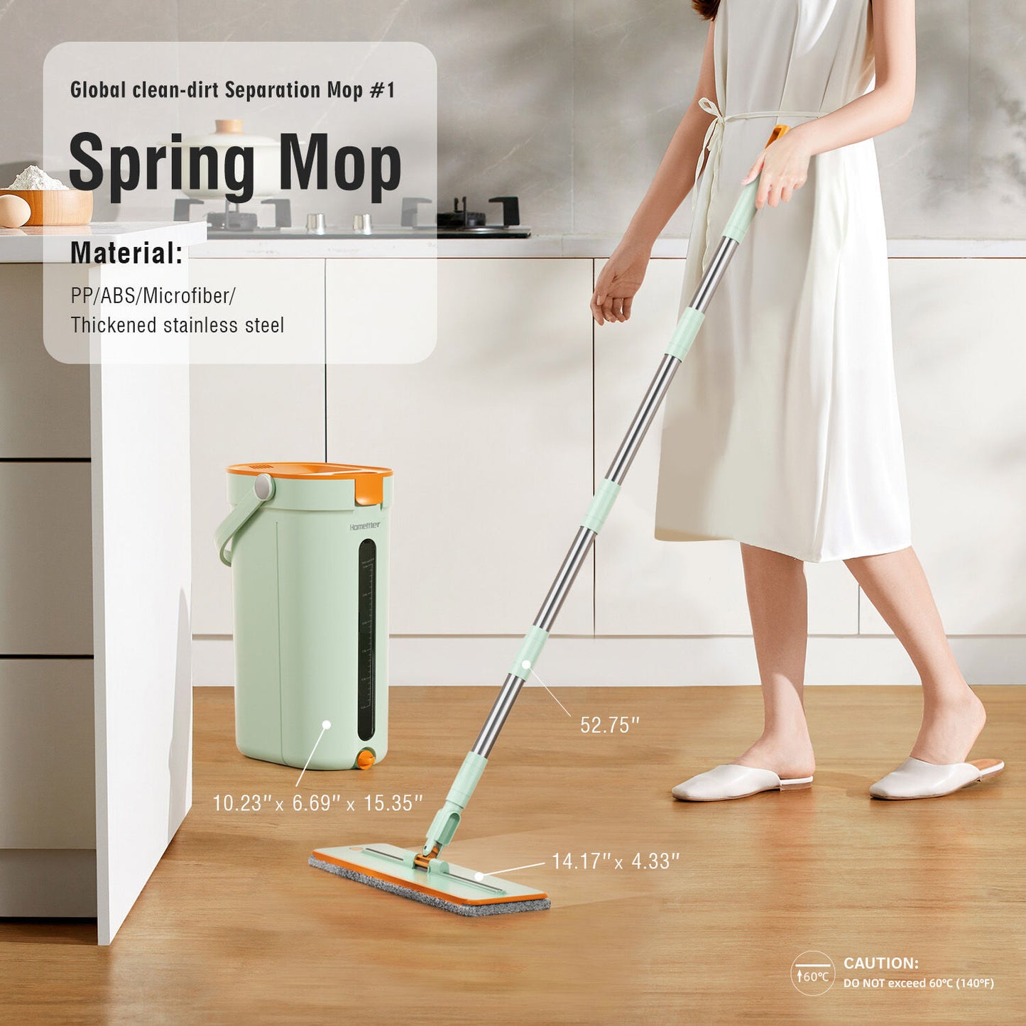 Premium Microfiber Flat Mop Bucket Set w/ Clean & Dirty Water Separation 360 Degree - Light Green - Image 7