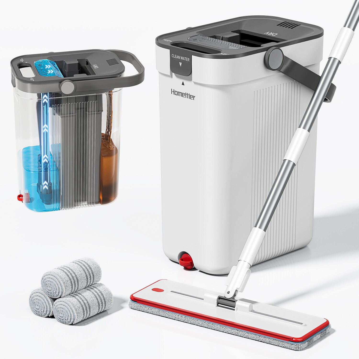 Premium Microfiber Flat Mop Bucket Set w/ Clean & Dirty Water Separation 360 Degree - White - Image 2