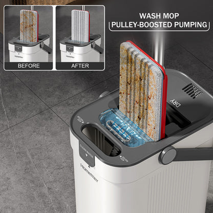 Premium Microfiber Flat Mop Bucket Set w/ Clean & Dirty Water Separation 360 Degree - White - Image 4