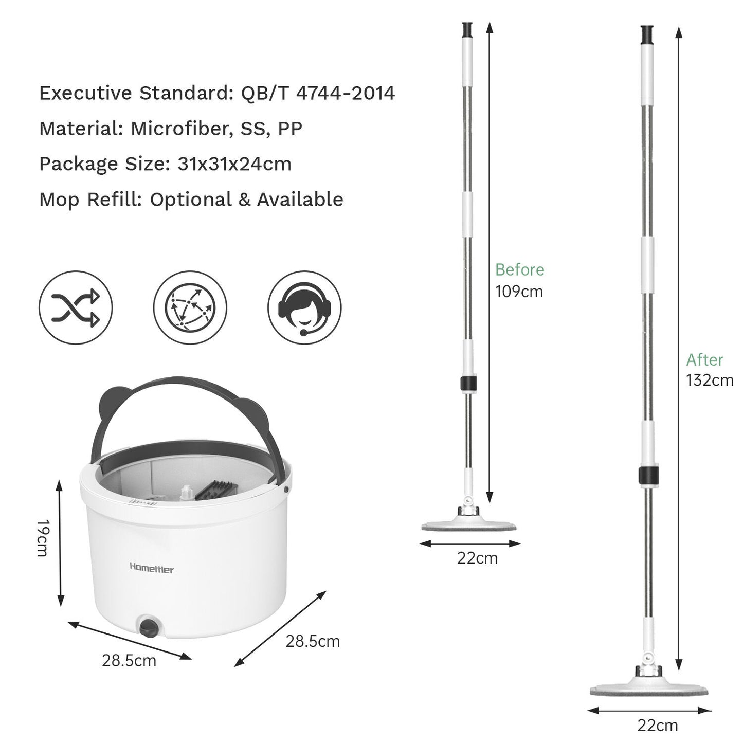 Premium Microfiber Round Mop Bucket Set w/ Clean & Dirty Water Separation 360 Degree - White - Image 7