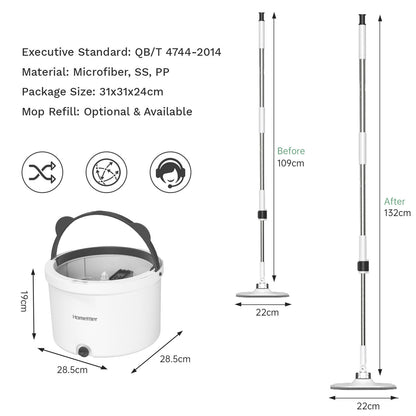 Premium Microfiber Round Mop Bucket Set w/ Clean & Dirty Water Separation 360 Degree - White - Image 7