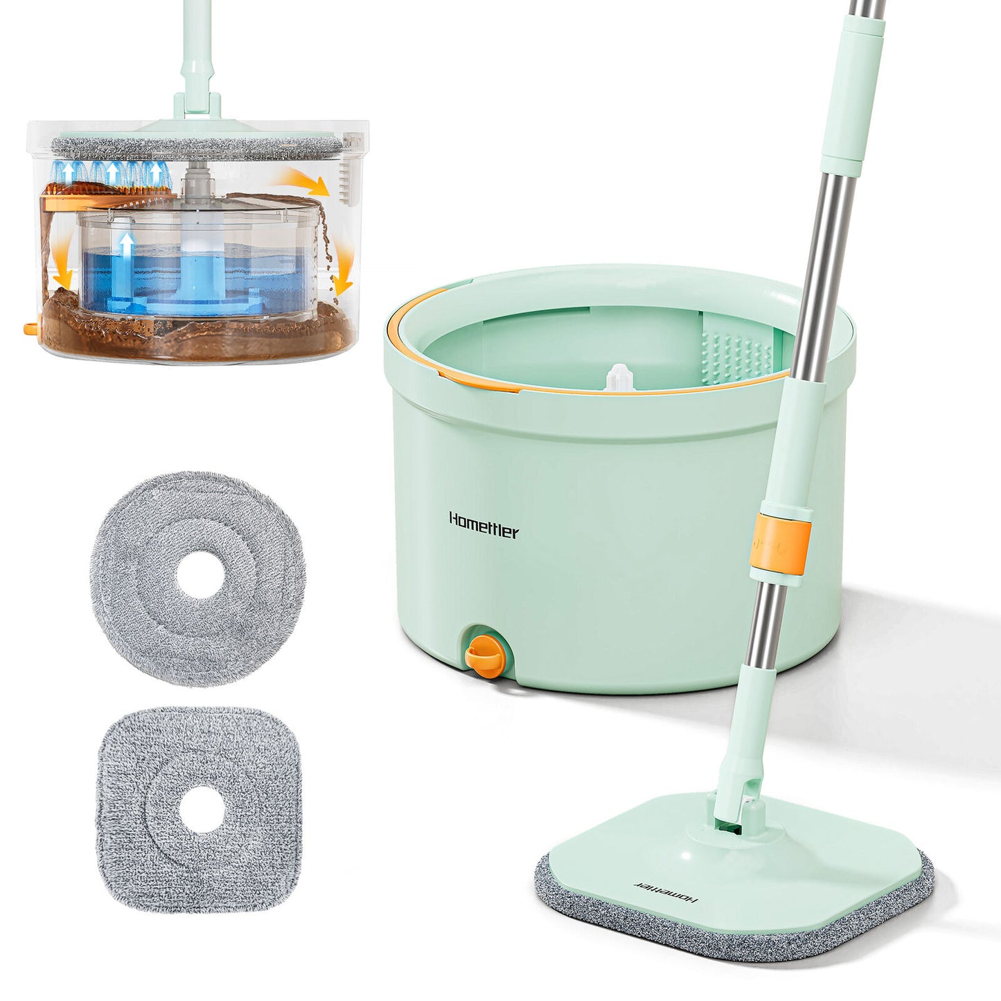 Premium Microfiber Round Mop Bucket Set w/ Clean & Dirty Water Separation 360 Degree - Light Green - Image 2