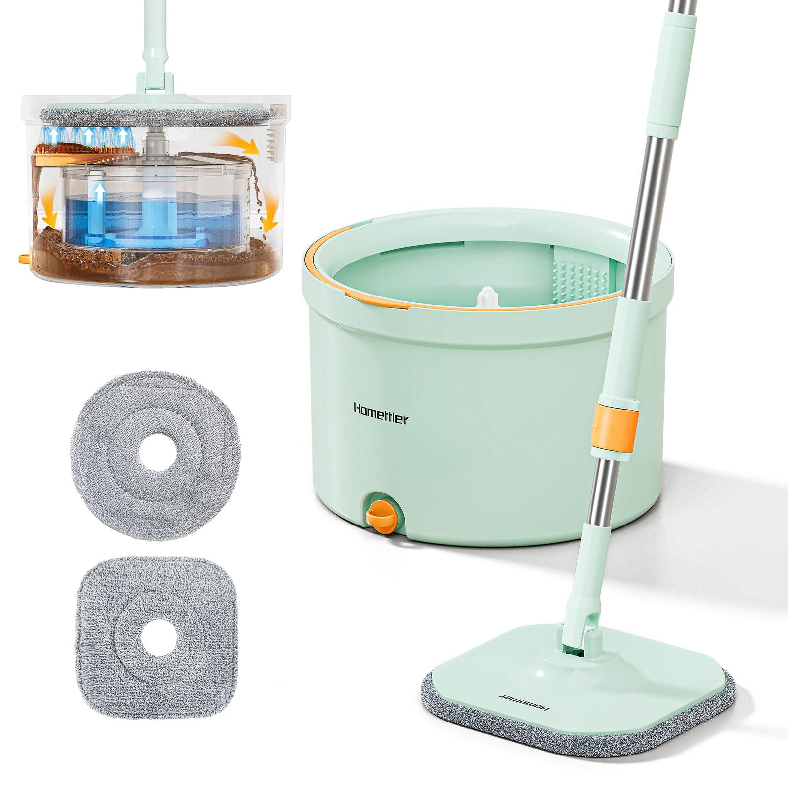 Premium Microfiber Round Mop Bucket Set w/ Clean & Dirty Water Separation 360 Degree - Light Green - Image 2