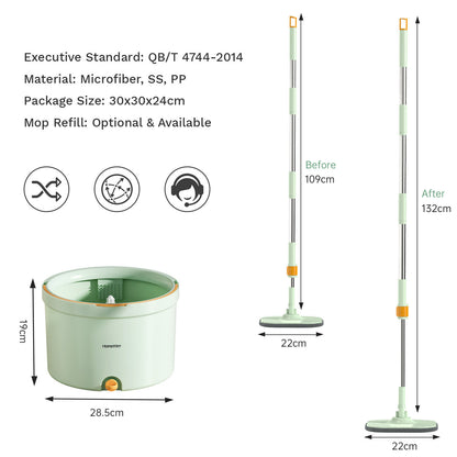 Premium Microfiber Round Mop Bucket Set w/ Clean & Dirty Water Separation 360 Degree - Light Green - Image 7