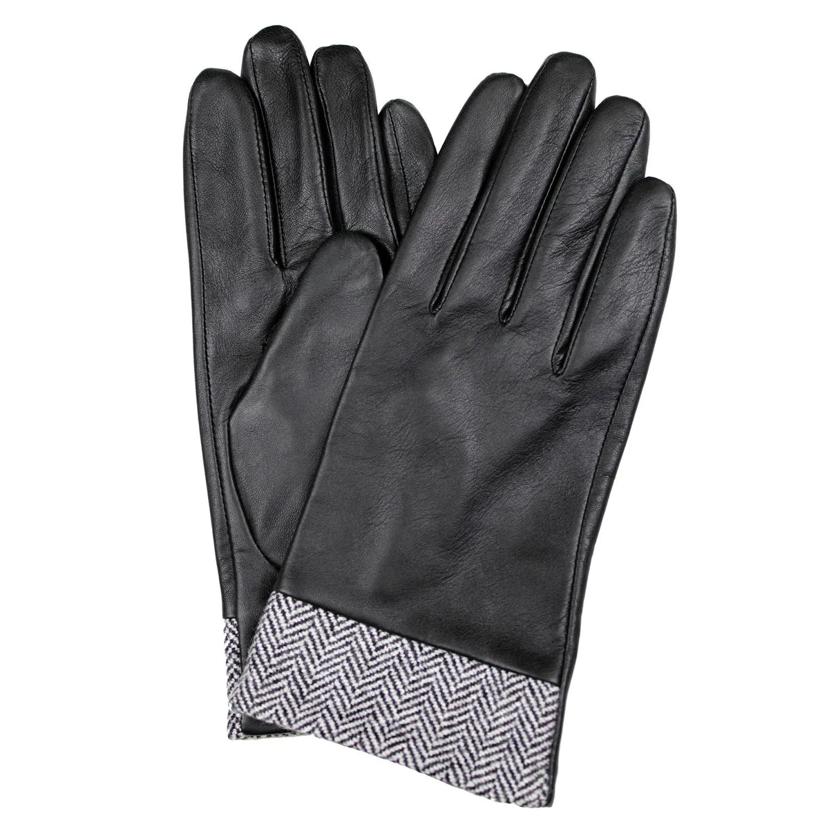 Dents Womens Leather Gloves w/ Tweed Cuffs Warm Winter - Black - Image 2