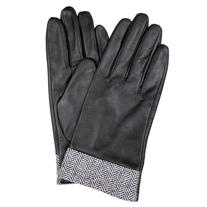 Dents Womens Leather Gloves w/ Tweed Cuffs Warm Winter - Black - Image 2