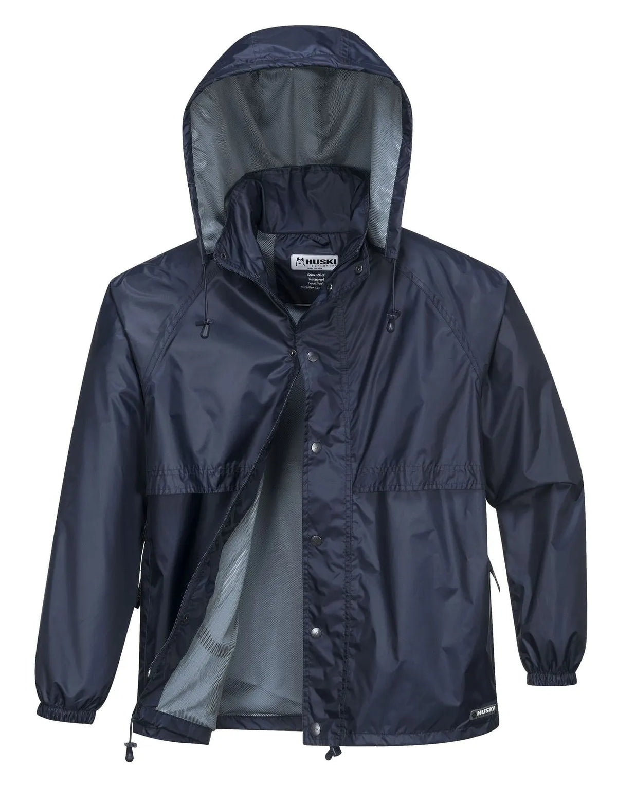 HUSKI STRATUS RAIN JACKET Waterproof Workwear Concealed Hood Windproof Packable - Navy Blue - Image 2