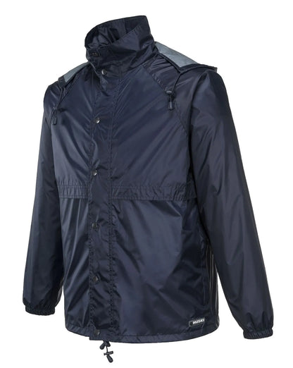 HUSKI STRATUS RAIN JACKET Waterproof Workwear Concealed Hood Windproof Packable - Navy Blue - Image 4