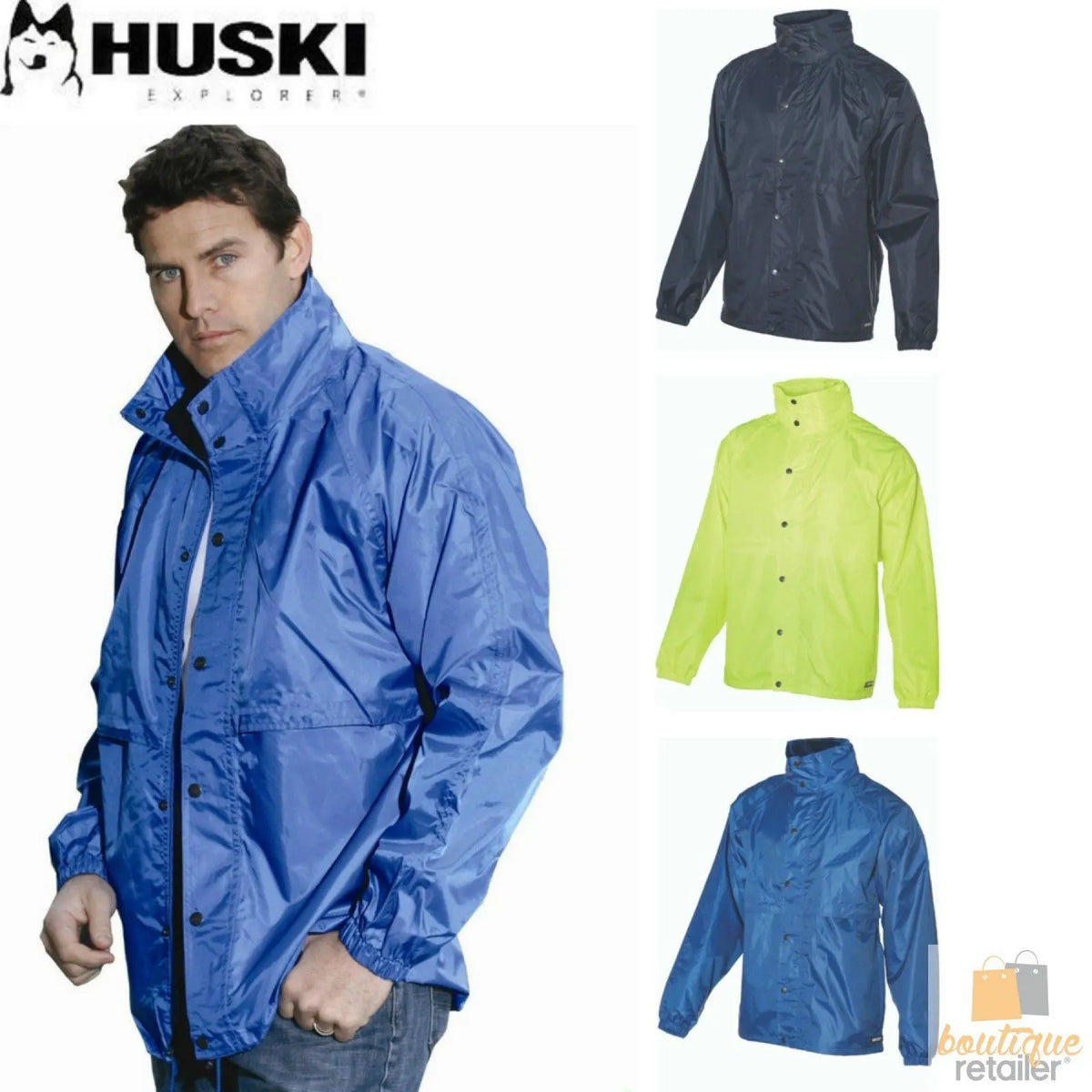HUSKI STRATUS RAIN JACKET Waterproof Workwear Concealed Hood Windproof Packable - Navy Blue - Image 8