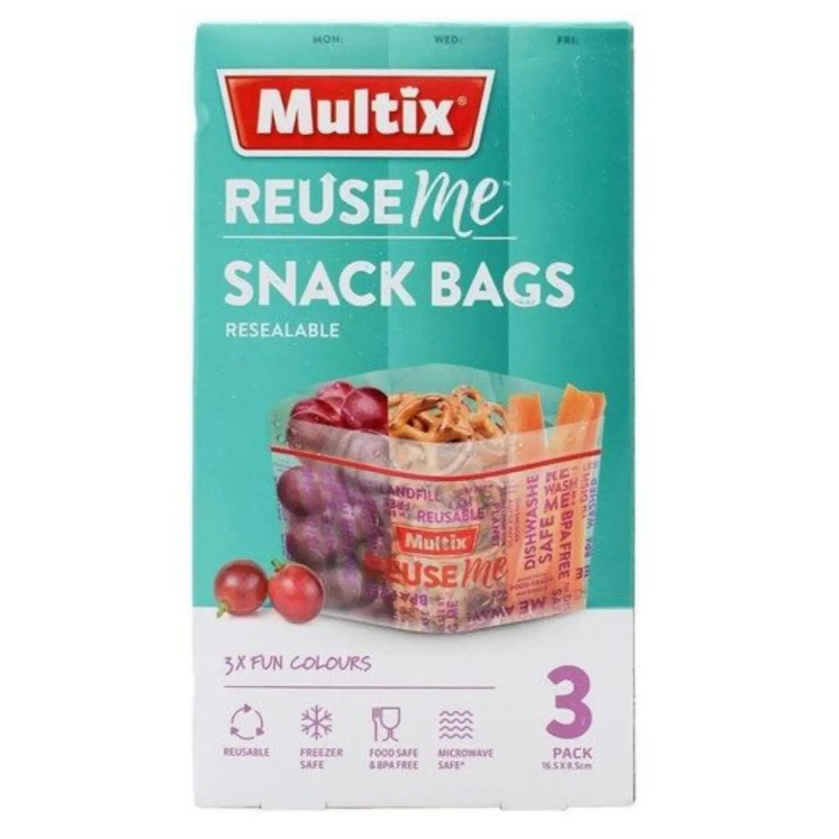 Multix Reuse Me Snack Bags 3 Pk Resealable BPA Free Microwave Safe - 16.5x8.5cm