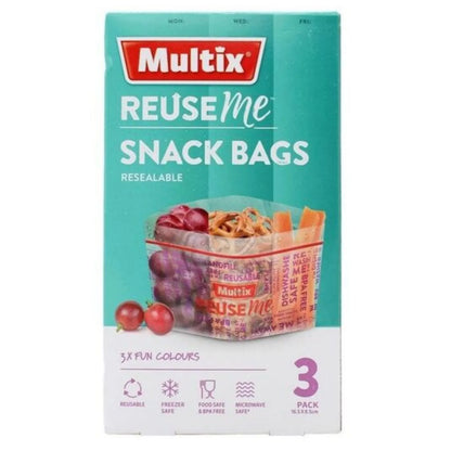 Multix Reuse Me Snack Bags 3 Pk Resealable BPA Free Microwave Safe - 16.5x8.5cm - Image 2