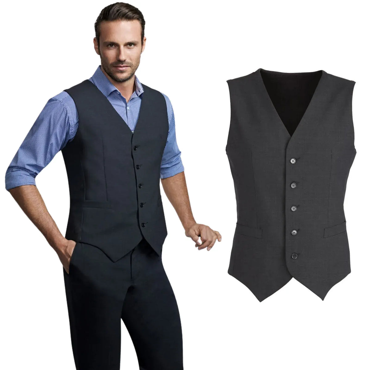 Mens Wool Blend Vest w/ Knitted Back Waistcoat Sleeveless Wool Blend - Charcoal - Image 3