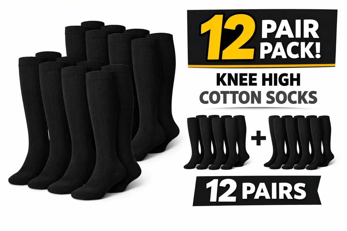 12 Pairs Plain Knee High Cotton Unisex Socks in Black Size 2-8 - Bulk - Image 2