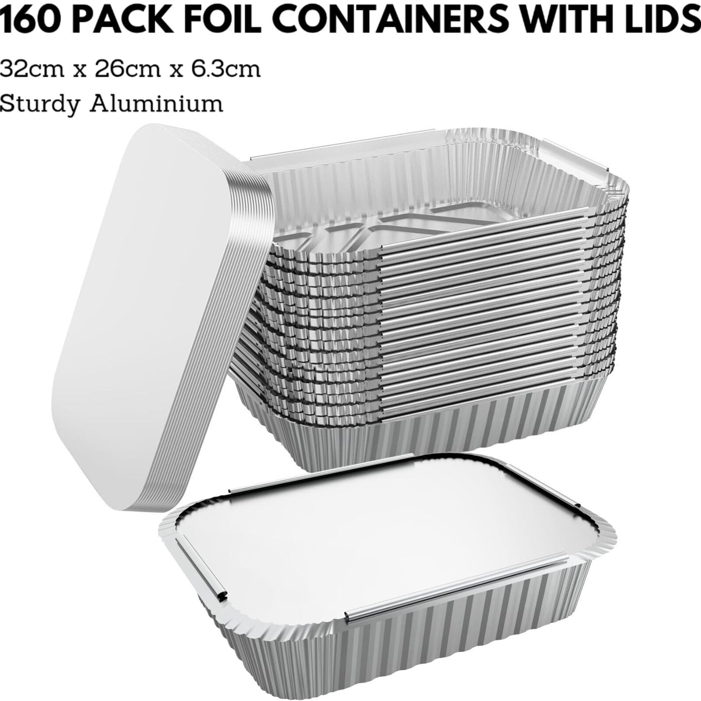 160x Aluminium Disposable Foil Food Container Trays Pans w/ Lids Covers Bulk 32cm*26cm*6.3cm - Image 2