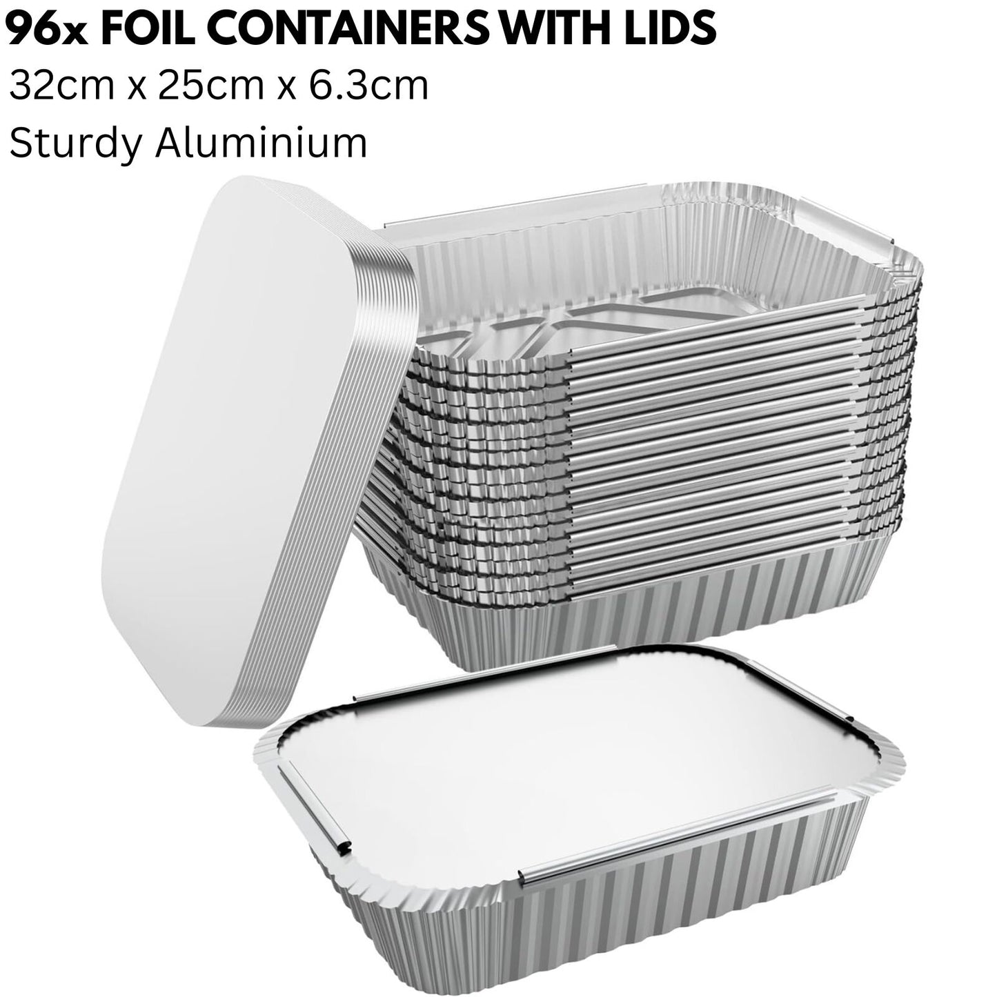 96x Aluminium Disposable Foil Food Container Trays Pans w/ Lids Covers Bulk 32cm*26cm*6.3cm - Image 2