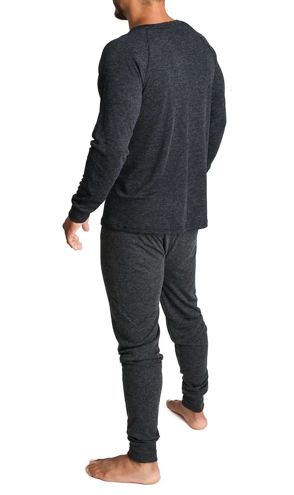 2pcs Set Mens Merino Wool Blend Long Sleeve Thermal Top & Long Johns Pants Underwear - Black - Image 4