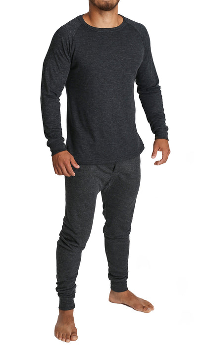 2pcs Set Mens Merino Wool Blend Long Sleeve Thermal Top & Long Johns Pants Underwear - Black - M - Image 2