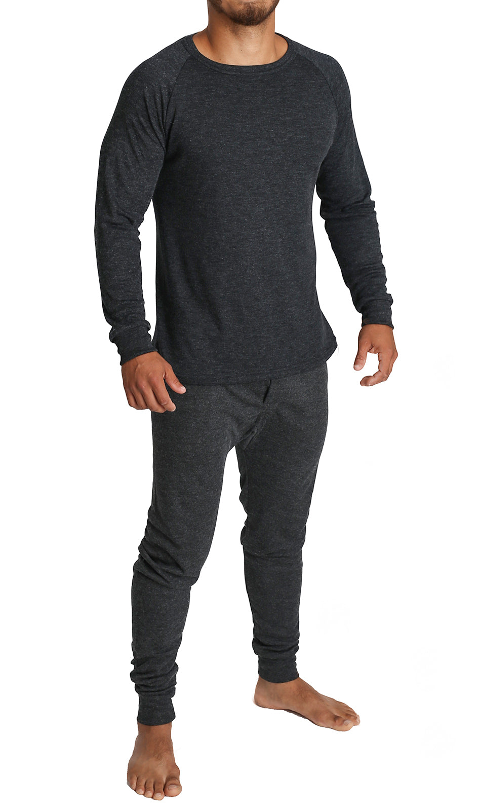 2pcs Set Mens Merino Wool Blend Long Sleeve Thermal Top & Long Johns Pants Underwear - Black - S - Image 2
