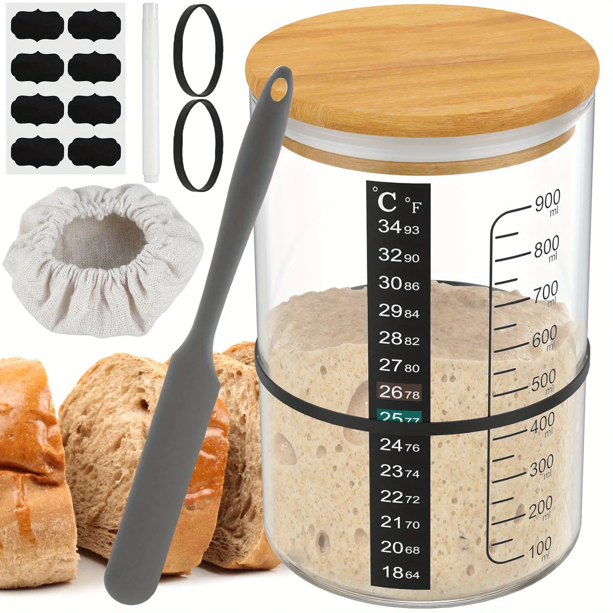 900ml Sourdough Bread Starter Jar Kit Wide Mouth Glass Fermentation Container - Image 2