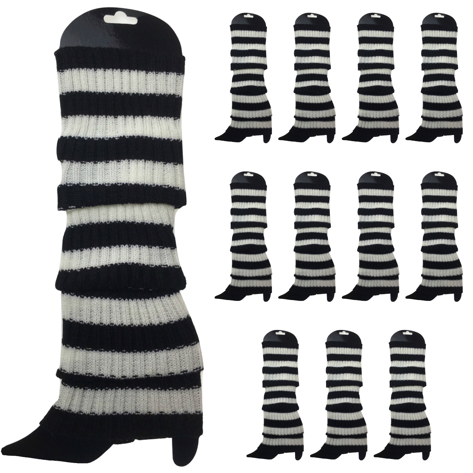 12x LEG WARMERS Knitted Womens Costume Neon Dance Party Knit 80s BULK - Black/White Stripe - Image 2