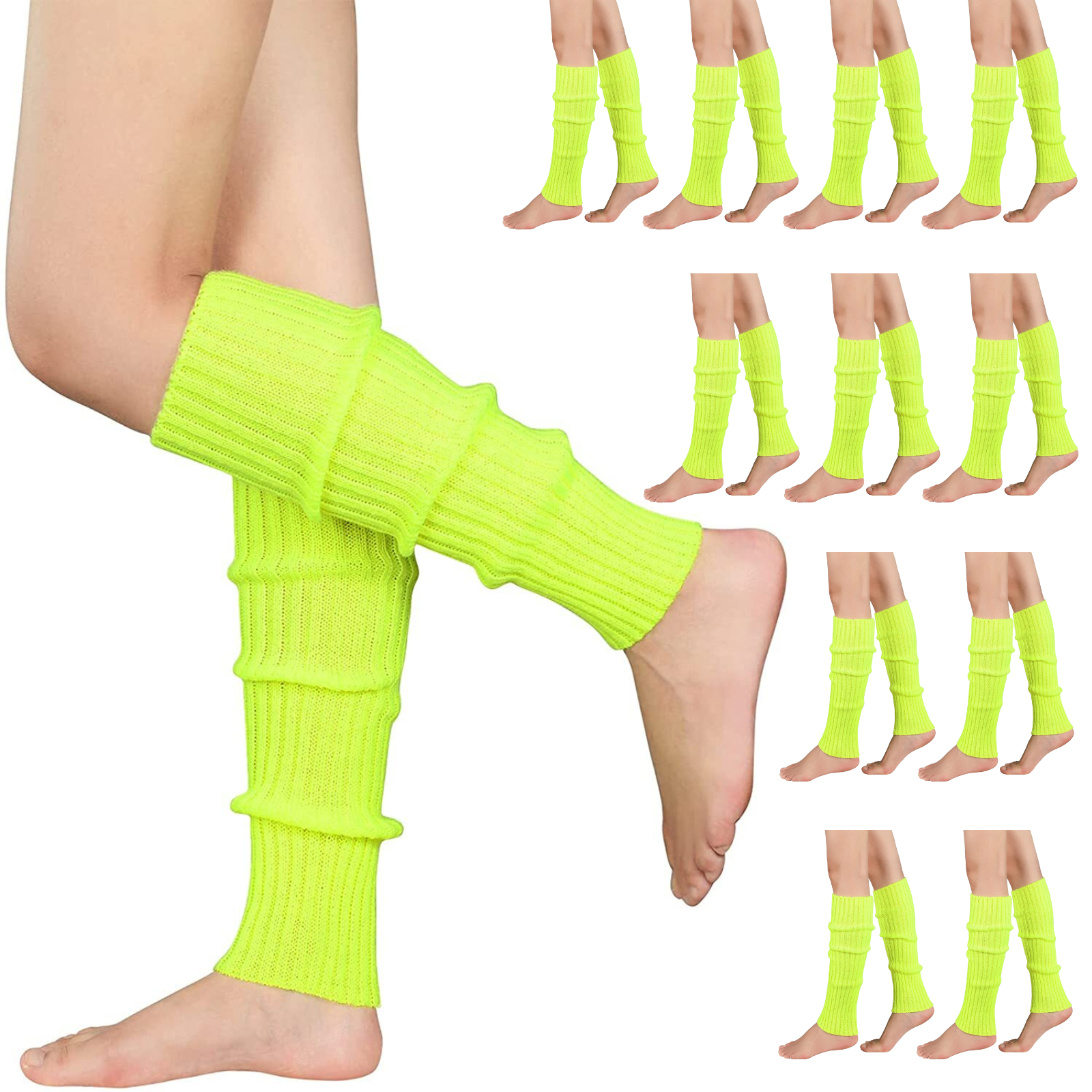 12x LEG WARMERS Knitted Womens Costume Neon Dance Party Knit 80s BULK - Fluro Yellow - Image 2