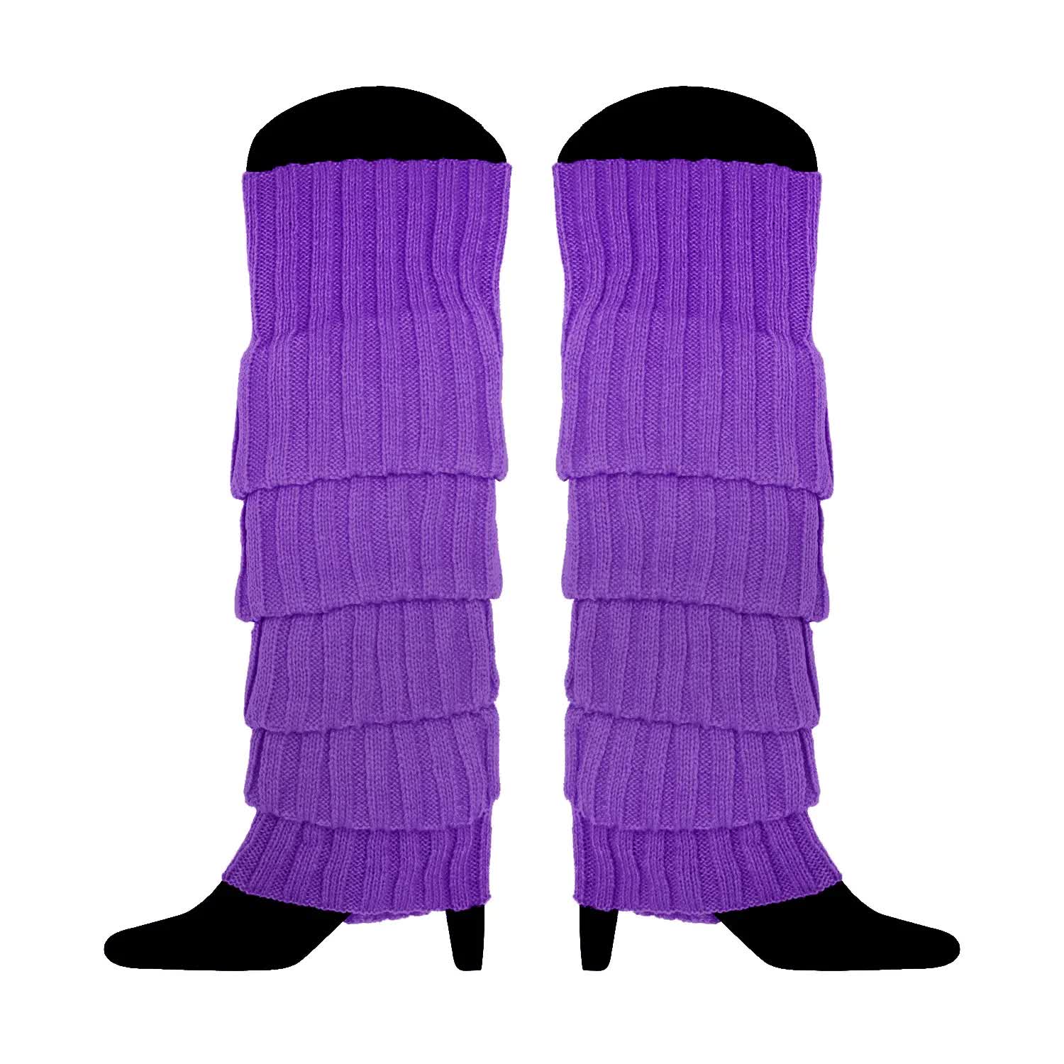 12x LEG WARMERS Knitted Womens Costume Neon Dance Party Knit 80s BULK - Purple - Image 3