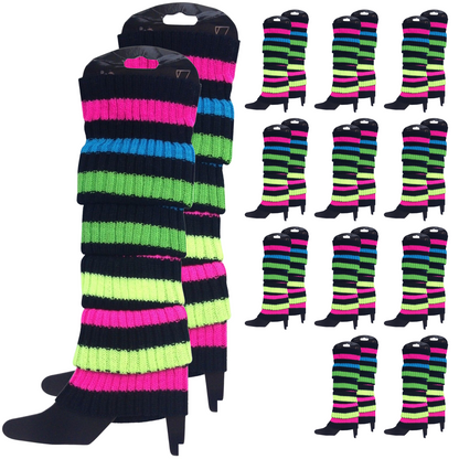12x LEG WARMERS Knitted Womens Costume Neon Dance Party Knit 80s BULK - Rainbow with Black Stripe - Image 2