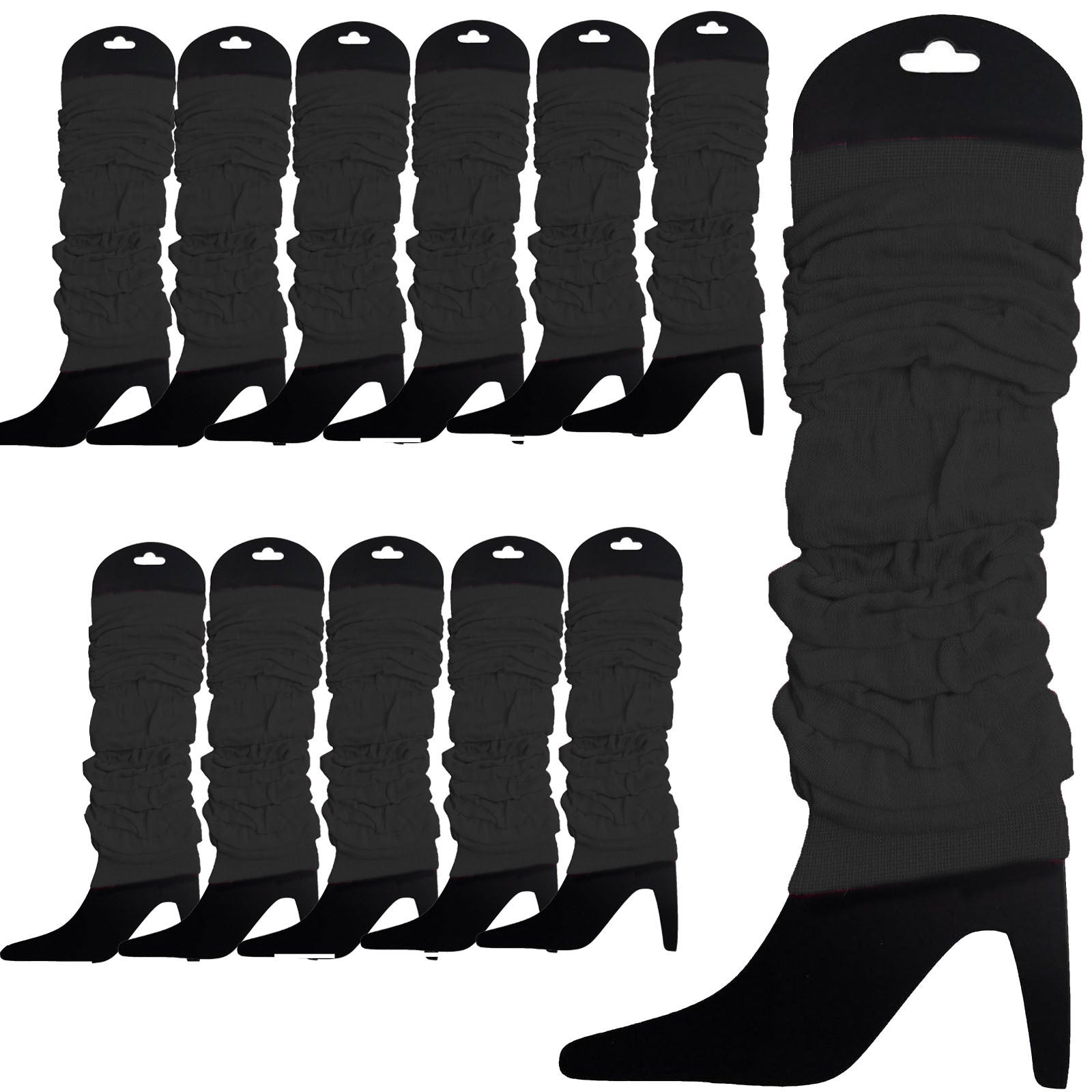 12 LEG WARMERS Knitted Womens Neon Party Knit Ankle Fluro Dance Costume 80s BULK - Black - Image 2