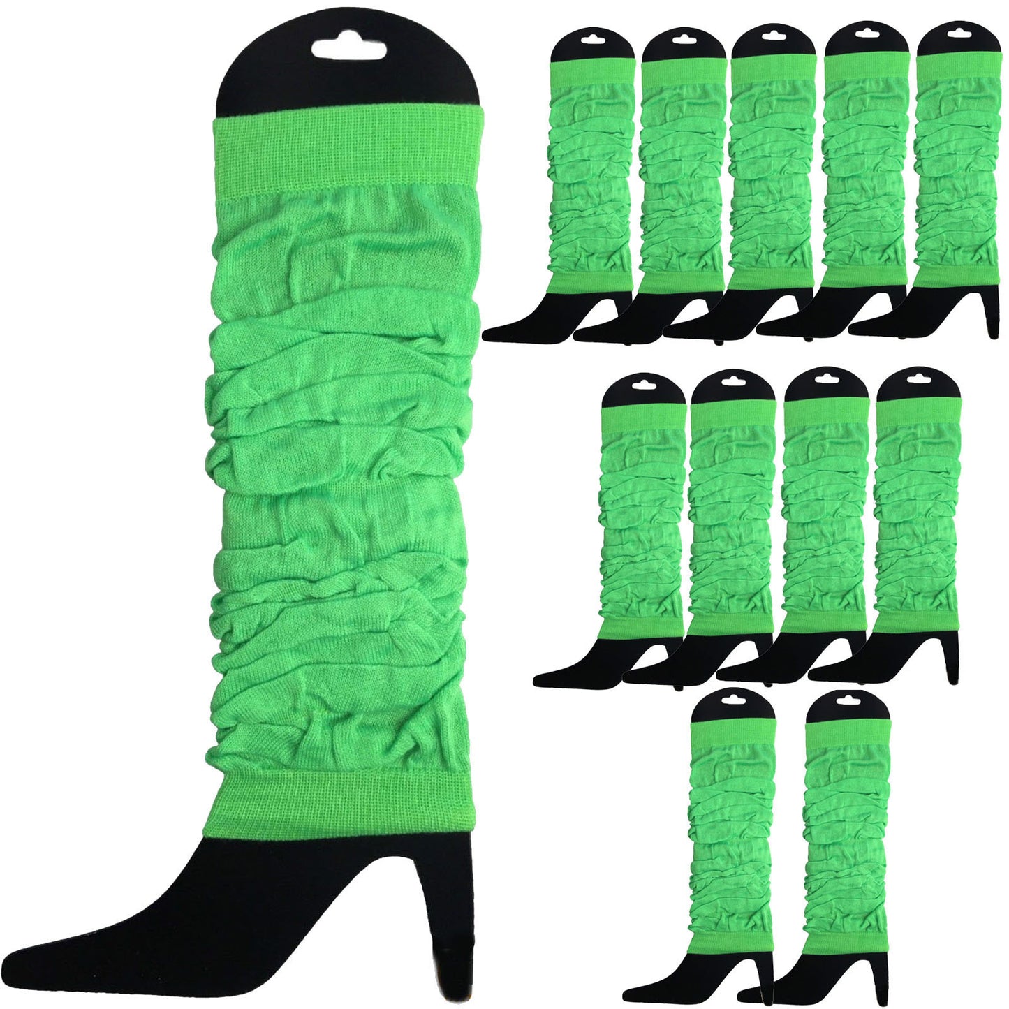 12 LEG WARMERS Knitted Womens Neon Party Knit Ankle Fluro Dance Costume 80s BULK - Fluro Green - Image 2