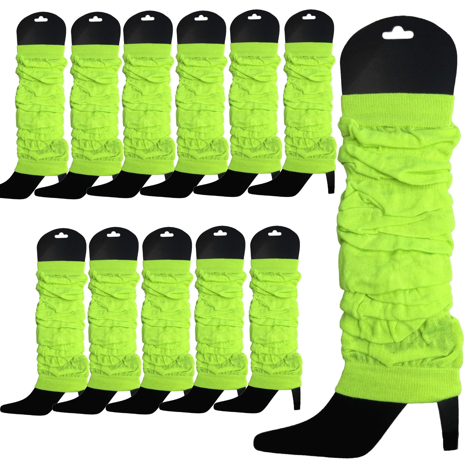 12 LEG WARMERS Knitted Womens Neon Party Knit Ankle Fluro Dance Costume 80s BULK - Fluro Yellow - Image 2
