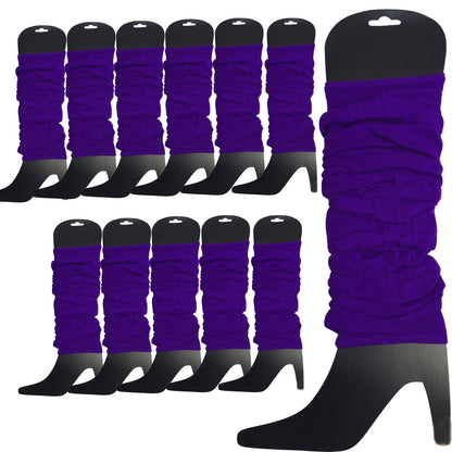 12 LEG WARMERS Knitted Womens Neon Party Knit Ankle Fluro Dance Costume 80s BULK - Purple - Image 2