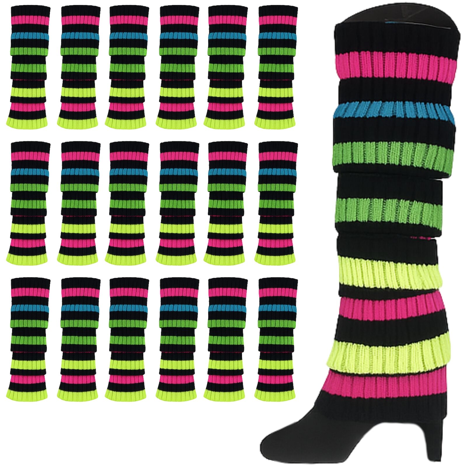 24x Womens Leg Warmers Disco Winter Knit Dance Party Crochet Legging Socks Costume - Rainbow with Black Stripe - Image 2