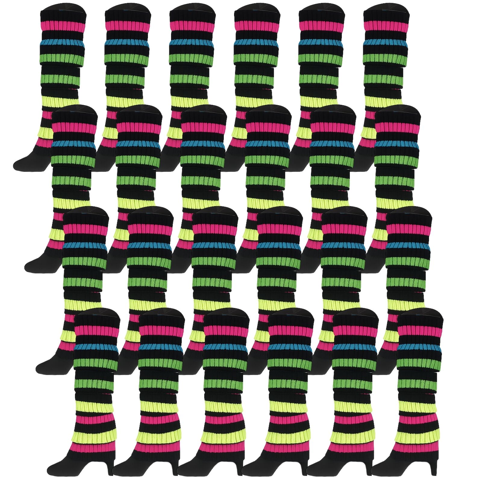 24x Womens Leg Warmers Disco Winter Knit Dance Party Crochet Legging Socks Costume - Rainbow with Black Stripe - Image 3