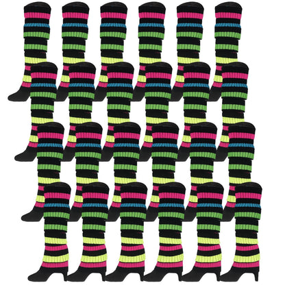 24x Womens Leg Warmers Disco Winter Knit Dance Party Crochet Legging Socks Costume - Rainbow with Black Stripe - Image 3