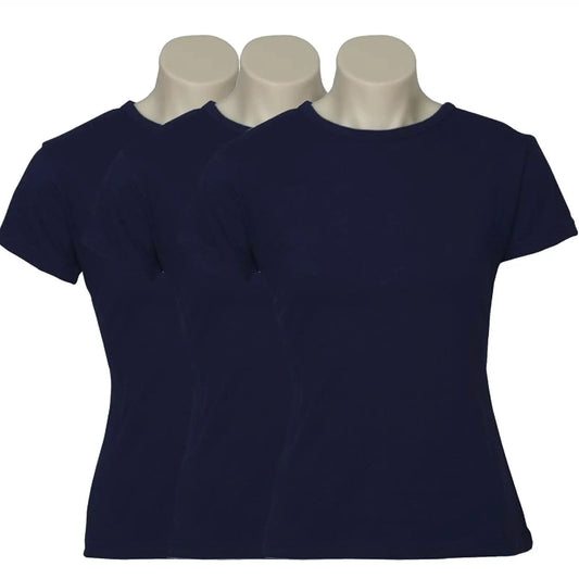 3x Womens 100% Cotton T-Shirt Plain Basic Tee Casual Top in Navy Blue