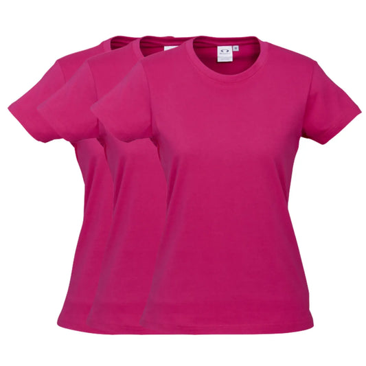 3x Womens 100% Cotton T-Shirt Plain Basic Tee Casual Top in Magenta Pink