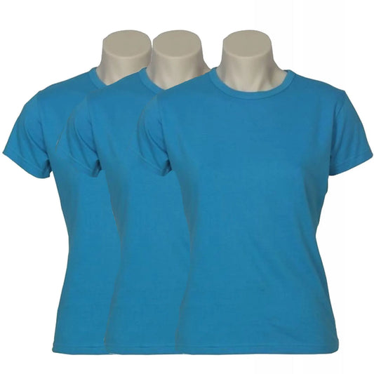 3x Womens 100% Cotton T-Shirt Plain Basic Tee Casual Top in Cyan Blue